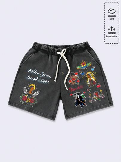 Street Life Men's Vintage Religious Washed Print Slogan Vintage Casual Shorts