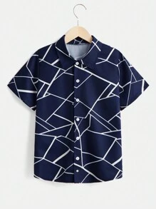 SHEIN 2 件套男童几何线条印花短袖衬衫和裤子套装，休闲通勤 - 彩色 - 查看 5