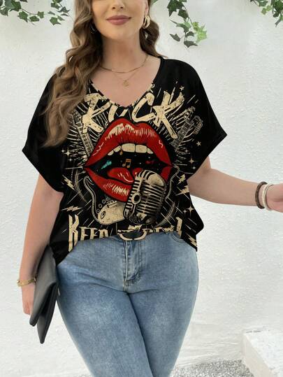 SHEIN LUNE Casual Loose Vintage American Rock Portrait Print Plus Size Short Sleeve T-Shirt For Women, Suitable For Summer