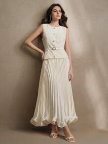 Anewsta 时尚优雅无袖单排扣珍珠纽扣百褶腰连衣裙，适合情人节、暑假、新年、端庄、老钱风格、婚礼嘉宾