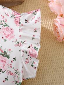 SHEIN Leap Crew Teen Girls Floral Print Woven Short Cap Sleeve Shirt With Bowknot Waist & Long Pants 2Pcs Set - Pink - View 4