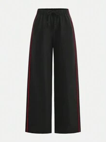 SHEIN 少女腰部褶皱针织短款上衣和抽绳低腰阔腿运动休闲工装裤套装，街头时尚吊带背心和裤子套装 - 紅色 - 查看 5