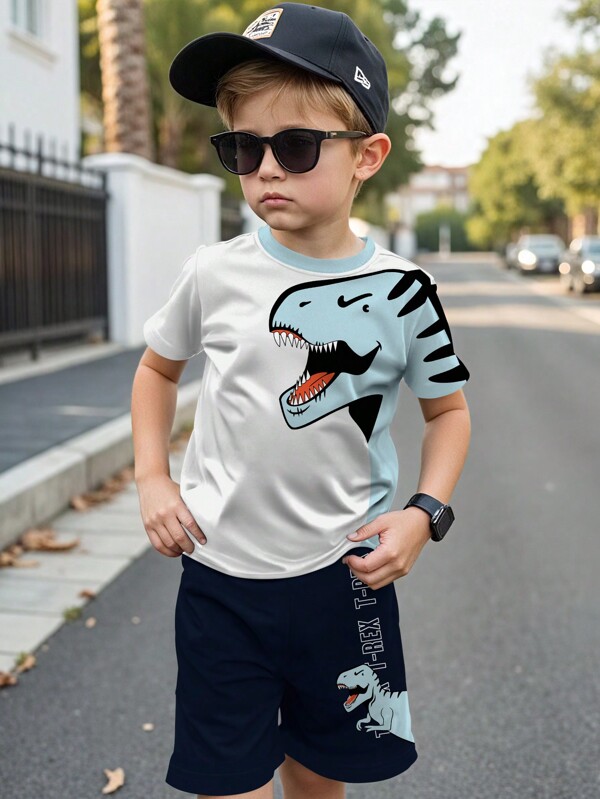 SHEIN Young Boy Casual Fashionable Cute Cartoon Dinosaur Print Round Neck Short Sleeve T-Shirt And Shorts 2 Pieces Set For Summer