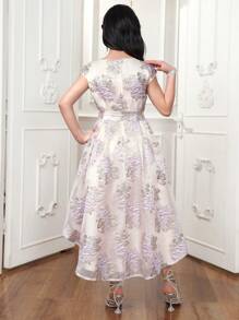 Elegant Floral Pattern Round Neck Loose Fit Dress For Teen Girls - Multicolor - View 2