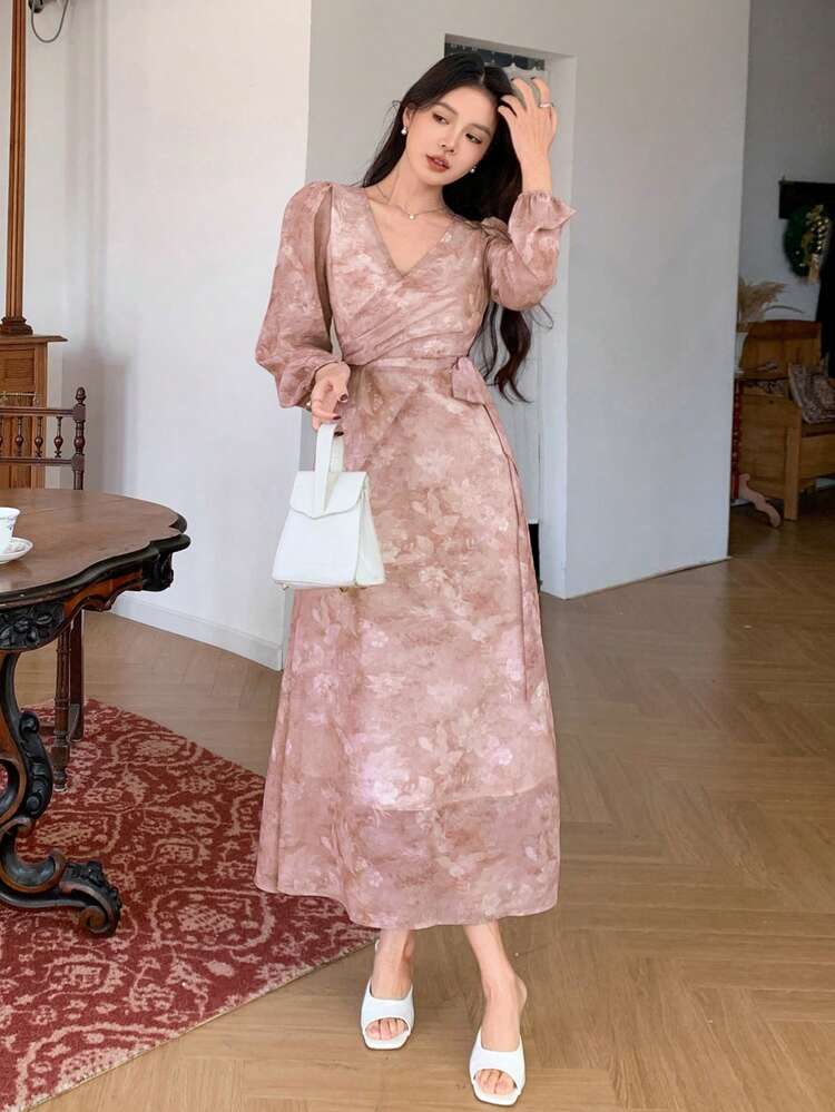 Women's All-Over Floral Print V-Neck Tied Oblique Placket Fitted Long Dress, Holiday Vacation Beach, Spring/Summer/Autumn Long Sleeve Dress