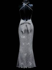 SHEIN ICON Sparkling Silver Crystal Diamond Dress For Women: Mermaid Style Formal Evening Gown,Prom Dress
