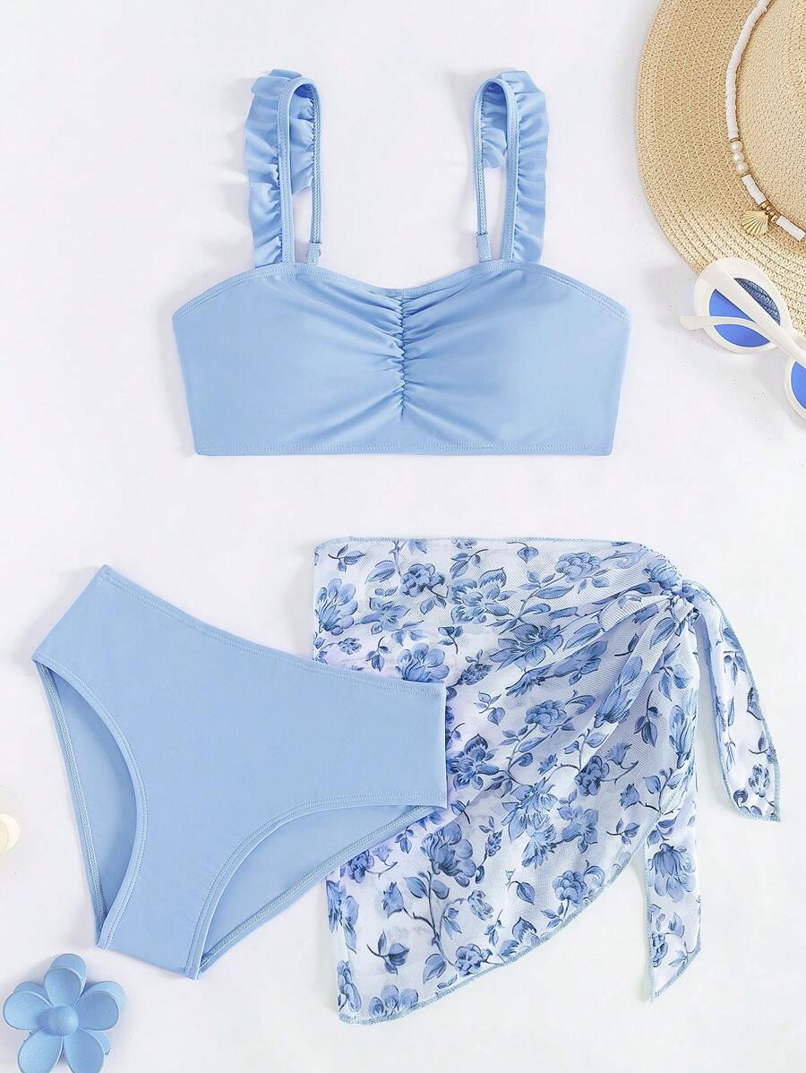 SHEIN 3件套少女印花吊带泳衣，适合冲浪、海滩、泳池、春夏穿着