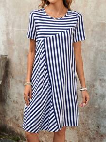 EMERY ROSE 女士条纹圆领短袖休闲短裙 - 藍白色 - 查看 6
