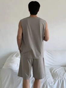 DAZY Men's Summer Letter Print Gray Vest & Shorts Lounge Wear Set Pajama - Grey - View 2