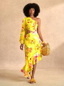 Slaydiva Yellow,Autumn,Boho,Vacation,Holiday,2025Spring/Summer Floral Print Asymmetric Hem Women Dress,One Shoulder Cutout Elegant Wedding Party Beach Dress - Multicolor - View 1