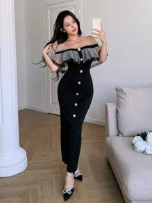 Feyla Abito donna di media lunghezza con scollo spalle scoperte, arricciatura e inserti in rete a pois