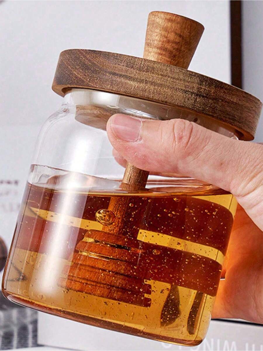 Acacia Honey Jar Lid With Dipper Wooden Cover Dip Stick Glass Container Seal Cover Storage Cover,Kitchen,Christmas Gift - Multicolor - View 1