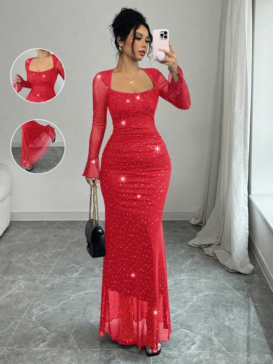 Rafferiza Elegant Party Asymmetric Neck Pleated Front & Side Bodycon Mermaid Hem Long Sleeve Flare Cuff Dress For Women In Black, Autumn/Winter, Jacquard Knit Mesh Fabric With Silver Foil Maxi Women Outfit Fall Cloth For Women - Red - View 1