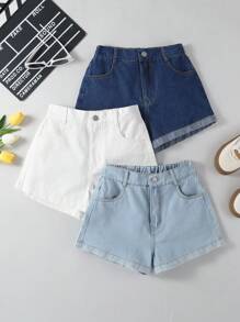SHEIN 3 pièces Ensemble de shorts en jean ajustés et près du corps pour préadolescentes, bleu clair, bleu foncé et blanc, décontracté et polyvalent pour le printemps/automne - Multicolore - Voir 3