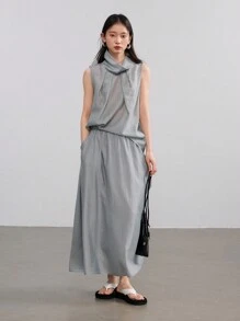 Dazy-Less 2pcs Women Pleated Linen Collar Set Old Money Style - Grey - View 7