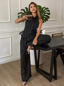 DAZY Set de 2 piezas de chaleco ajustado sin mangas y pantalones de pierna ancha elegante para vacaciones de verano para mujer