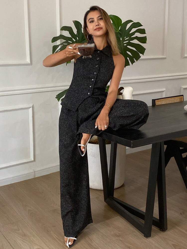 2pcs Women's Fitted Sleeveless Vest Jacket And Wide Leg Pants Elegant Vacation Summer Outfit Set