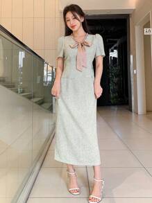 DAZY Váy midi buộc dây cổ chữ V thanh lịch cho nữ, Xuân/Hè - Màu xanh lam - Xem 4