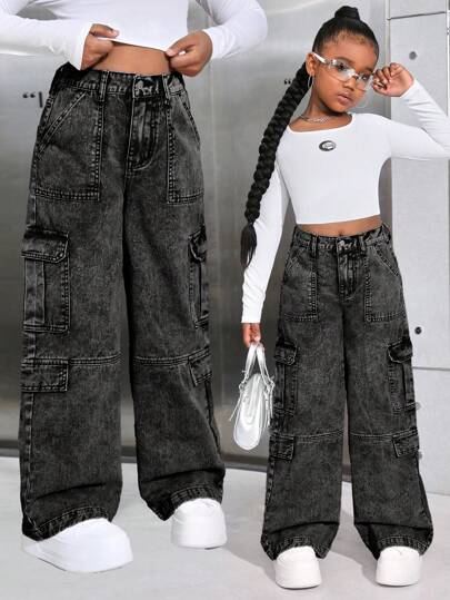 SHEIN Tween Girls Y2K Spring Summer Solid Washed High Waist Flap Pocket Baggy Straight Leg Cargo Jeans, Girls Summer Clothes Back To School Streetwear Outfits, Beach Boho Concert Wide Leg Pants Rave Outfits Festival, Graduation Outfit