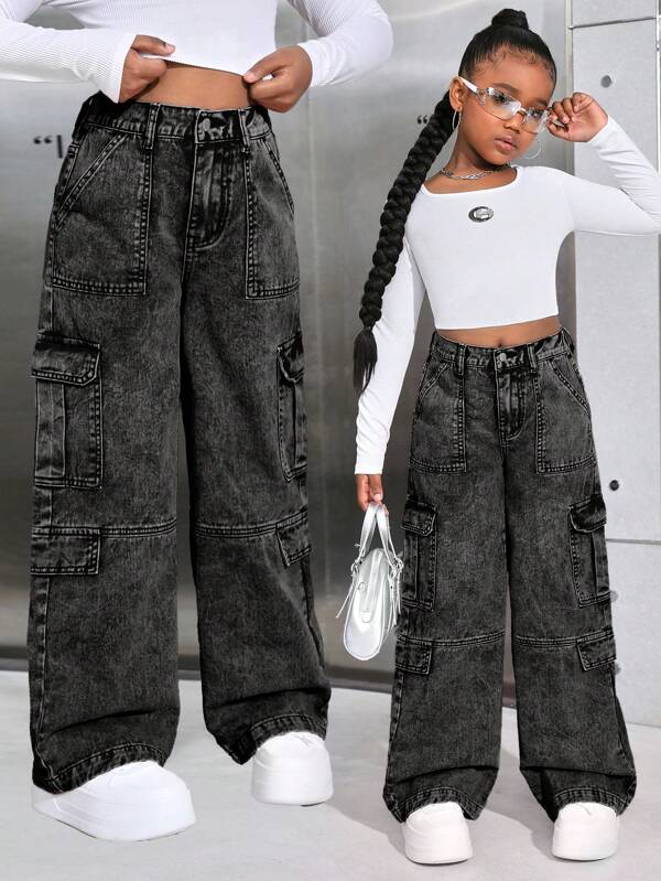 SHEIN Jeans cargo rectos con bolsillo con solapa, cintura alta, estilo lavado, para niñas preadolescentes - Ropa de verano para niñas, atuendos de vuelta al colegio, pantalones anchos estilo bohemio para conciertos y festivales, atuendos de graduación