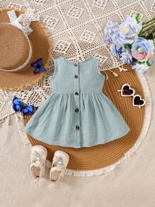 SHEIN 女婴绿色棉质透气无袖花卉刺绣连衣裙，舒适度假风格，适合春夏季外出、派对、拍照、上学，1-9 个月