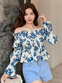 DAZY Blouse met off-shoulder bloemenprint en ruches voor dames
