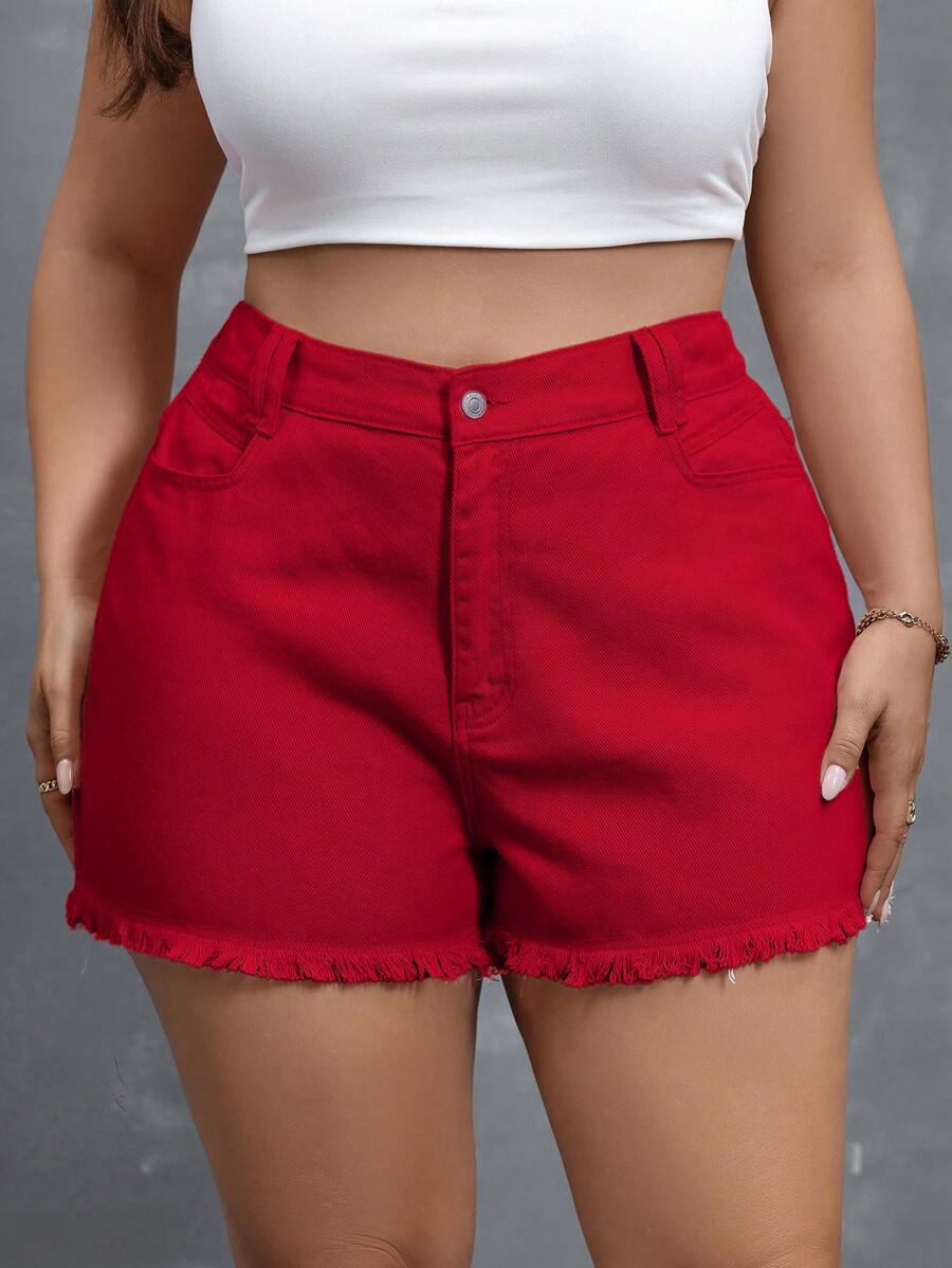 SHEIN Essnce Plus Size Denim Shorts, Casual & Fashionable For Everyday Wear - Red - View 1