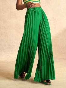 Zivah 优雅松紧腰深绿色褶皱大脚超长阔腿裤女褶皱裤高腰裤绿裤女喇叭裤 - 綠色 - 查看 4
