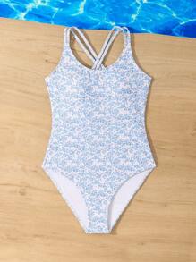 SHEIN 少女小碎花连体泳衣，可调节交叉肩带设计，蓝白印花沙滩装 - 彩色 - 查看 5