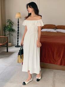 DAZY Vestido de sol de manga caída con volantes en la cintura y largo medio para mujer