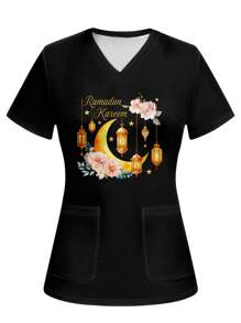 PopScrub Style Star, Moon And Flower Pattern Women's /Nursing Scrub Uniform Top - White - View 6