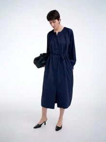 Aalyst 褶皱领衬衫裙，简约时尚休闲日常穿着 - 藏蓝色 - 查看 3