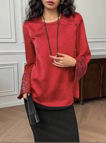 EastFlair 提花印花缎面拼布亮片优雅中式上衣 - 紅色 - 查看 1