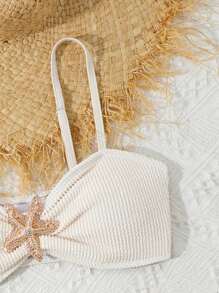 SHEIN 少女简约杏色比基尼套装，海星装饰 - 杏色 - 查看 3