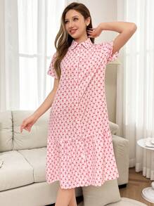 Dream Adore 女士心形格子拼接荷叶边下摆睡裙 - 粉色 - 查看 5