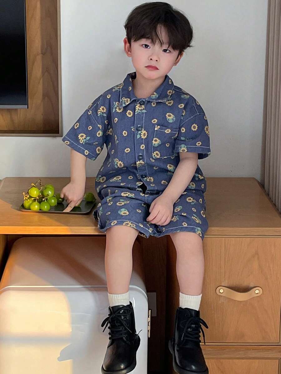 DAZY Young Boy Denim Outfit Floral - Medium Wash - View 1