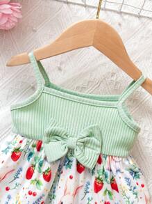 SHEIN Baby Girls Casual Cute Bear Heart Print Spaghetti Strap Infant Dress, Comfortable Daily Wear, Suitable For Spring/Summer, Valentine's Day - Green - View 3