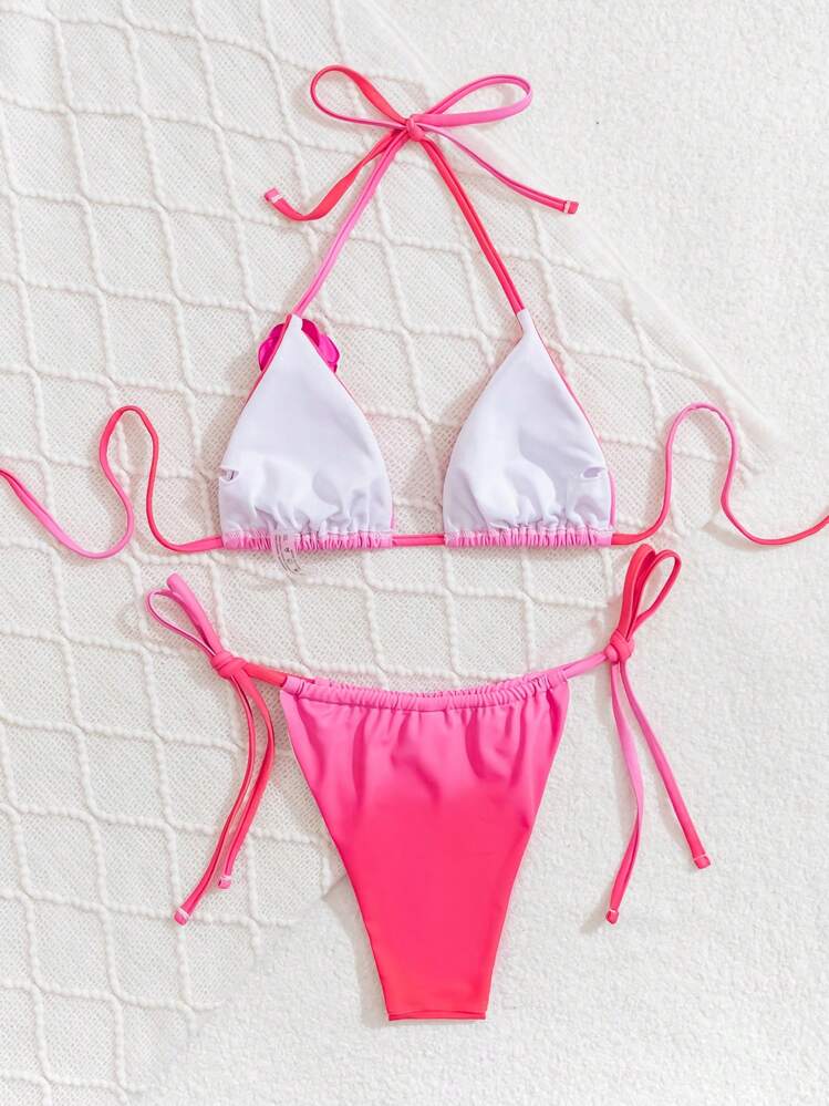 SHEIN Swim Spring Break 2st Badkläder för kvinnor, söta blommönster Tie-Up Gradient Färg Rose Beach Vacation Set - Rosa - Visa 6