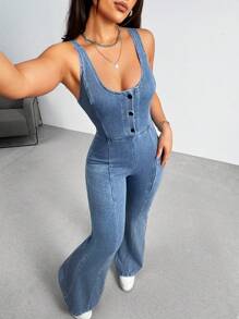 Flexra 女士前口袋纽扣休闲百搭牛仔连身裤 - 藍色 - 查看 5