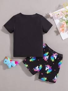 Young Girl 2pcs Unicorn Luminous Print Pajama Set, Short Sleeve T-Shirt & Shorts, Summer Spring, Black Base