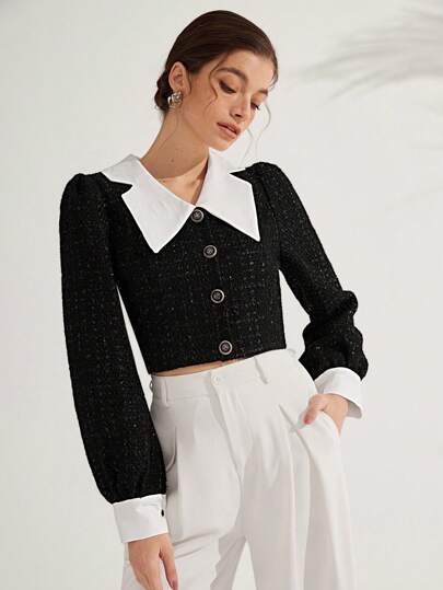 Aveloria Rosie 优雅单色拼色法式浪漫复古精致粗花呢翻领短腰修身女士休闲西装外套