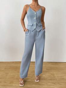 SHEIN Clasi Women Summer Office Lady Elegant Chic Haze Blue Camisole + Haze Blue Straight Leg Suit Pants - Blue - View 1