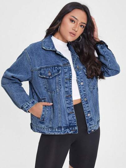 SHEIN Essnce 女款長袖單排扣口袋休閒街頭風牛仔夾克，秋季新品，上班度假皆宜，藍色
