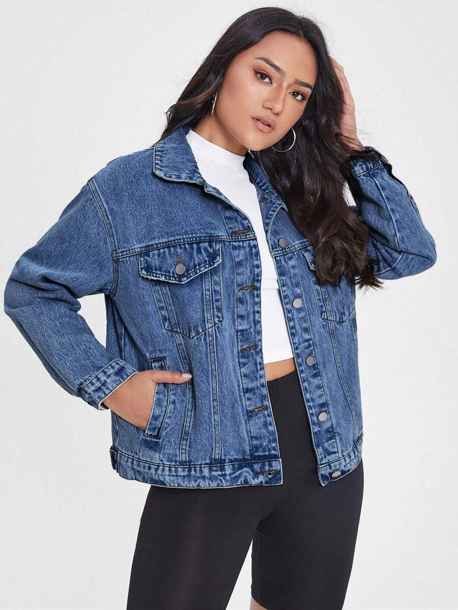 SHEIN Essnce 女式长袖单排扣口袋休闲牛仔夹克