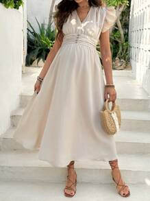 SHEIN Summer Maternity V-Neck Ruffle Puff Sleeve Waist Cinched Dress - Apricot - View 5