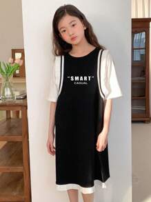 DAZY 青少年女孩休闲字母印花二合一连衣裙，青少年女孩秋季时尚，返校服装 - 黑色 - 查看 1