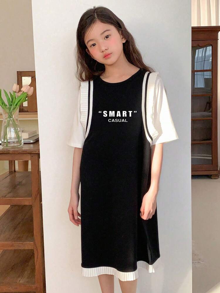 Tween Girls Casual Letter Print 2 In 1 Dress, Tween Girl Fall Fashion,Back To School Clothes