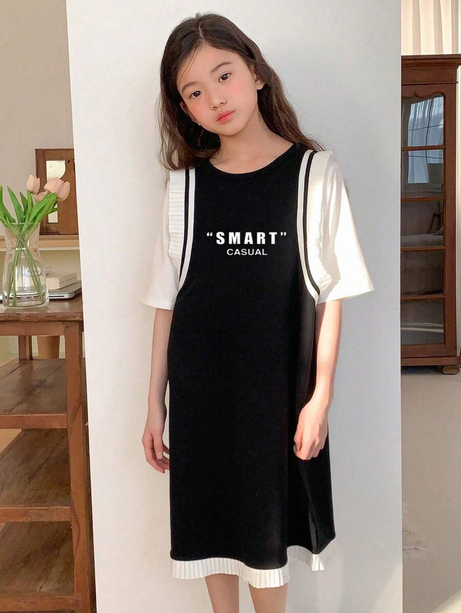 DAZY 青少年女孩休闲字母印花二合一连衣裙，青少年女孩秋季时尚，返校服装 - 黑色 - 查看 1