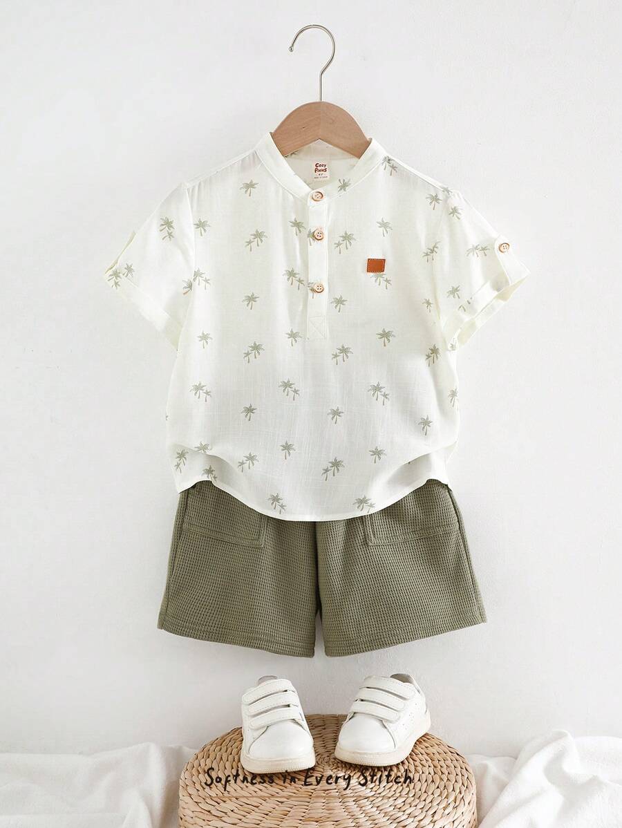 Cozy Pixies 2 conjuntos: Top de cuello de tripulación de manga corta y media cartera de unicolor y pantalones cortos para niños pequeños