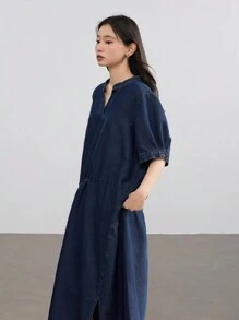 Dazy-Less 女士商务休闲宽松直筒抽绳系带拼接牛仔连衣裙 - 深色水洗藍 - 查看 6